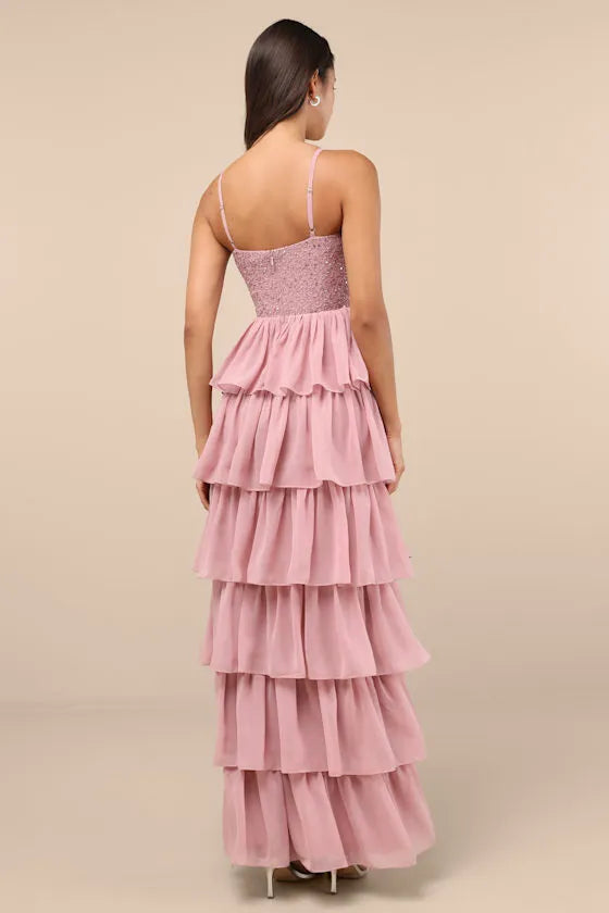 Glamorous A-Line Sweetheart Neck Spaghetti Straps Open-Back Ankle-Length Tiered Sequin Prom Dress