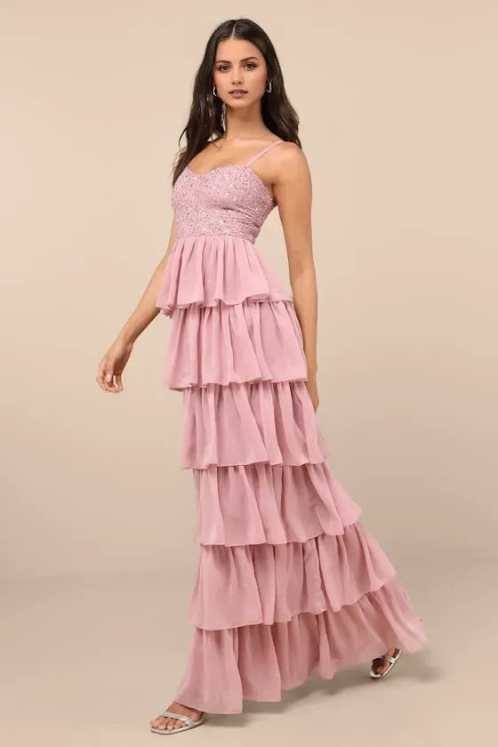 Glamorous A-Line Sweetheart Neck Spaghetti Straps Open-Back Ankle-Length Tiered Sequin Prom Dress