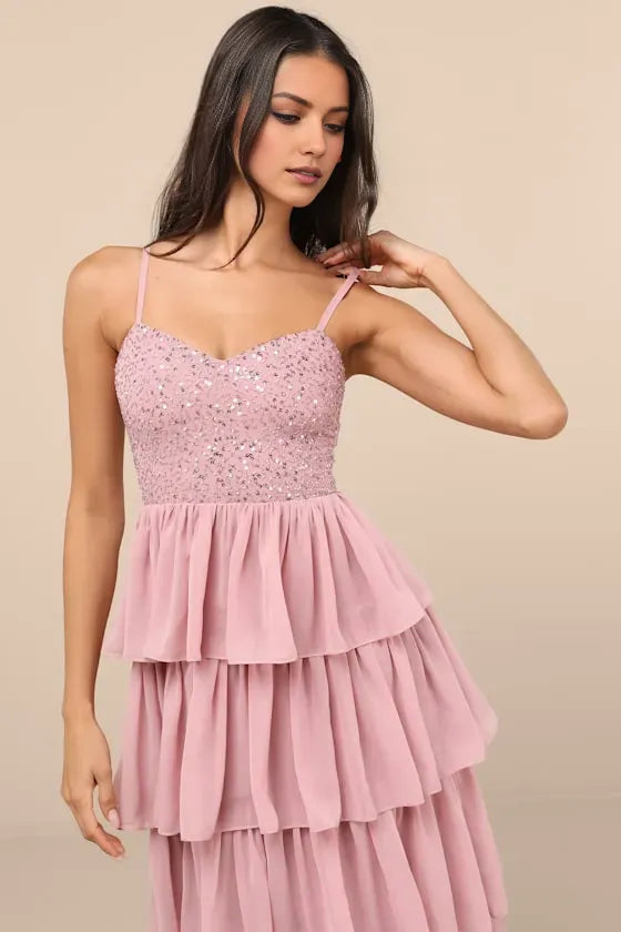 Glamorous A-Line Sweetheart Neck Spaghetti Straps Open-Back Ankle-Length Tiered Sequin Prom Dress