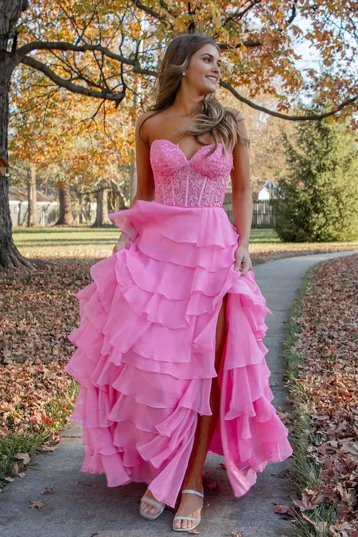 Glamorous A-Line Sweetheart Strapless Sleeveless Corset Lace-Up Floor-Length Prom Dress with Slit