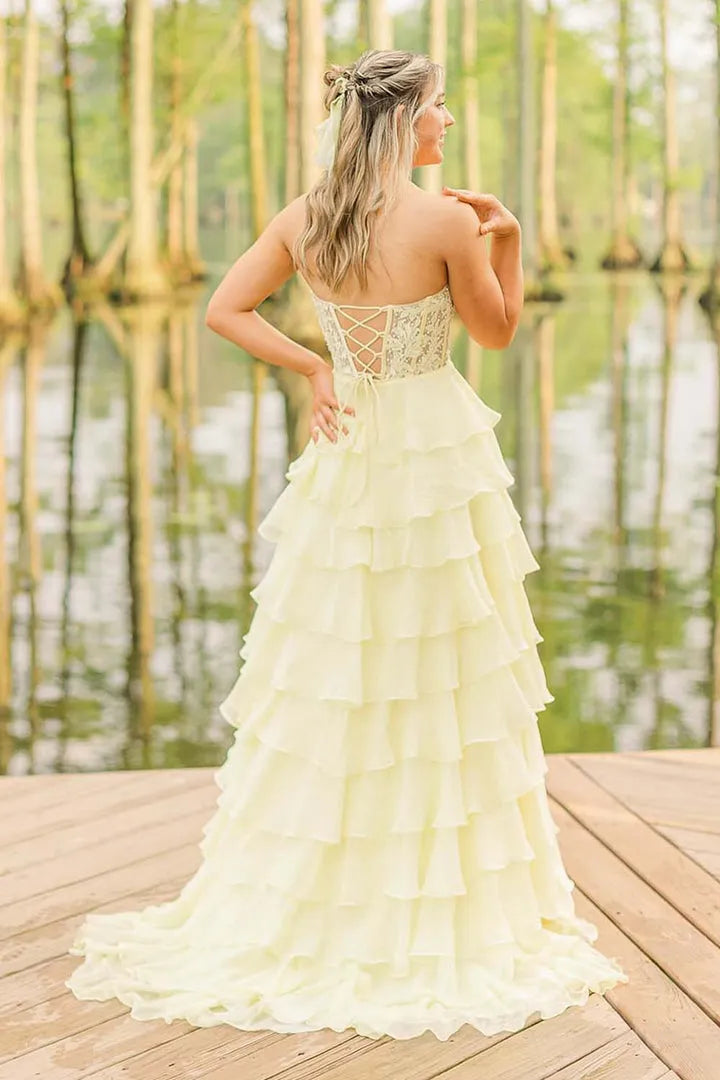 Glamorous A-Line Sweetheart Strapless Sleeveless Corset Lace-Up Floor-Length Prom Dress with Slit