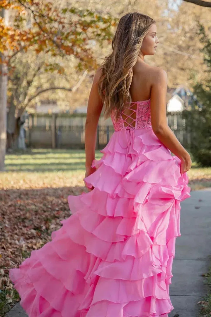 Glamorous A-Line Sweetheart Strapless Sleeveless Corset Lace-Up Floor-Length Prom Dress with Slit