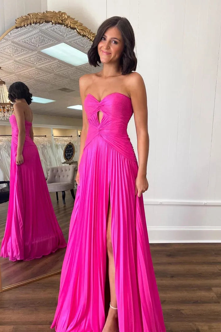 Glamorous A-Line Sweetheart Strapless Sleeveless Open-Back Floor-Length Side Leg Slit Prom dresses