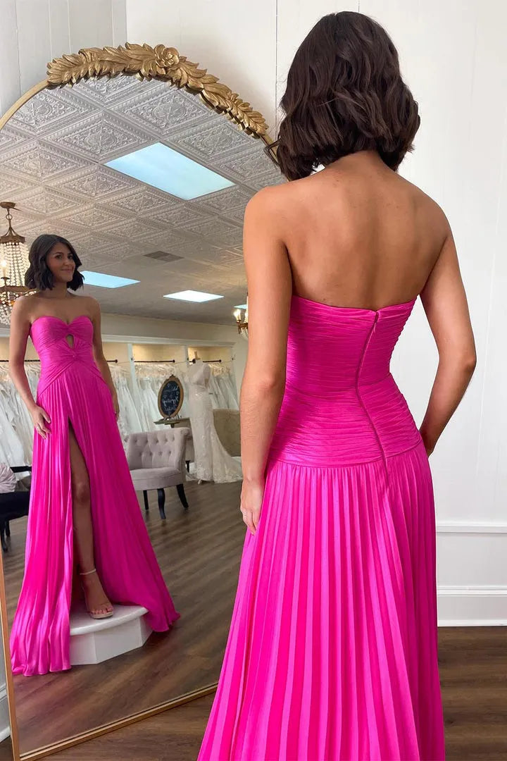 Glamorous A-Line Sweetheart Strapless Sleeveless Open-Back Floor-Length Side Leg Slit Prom dresses