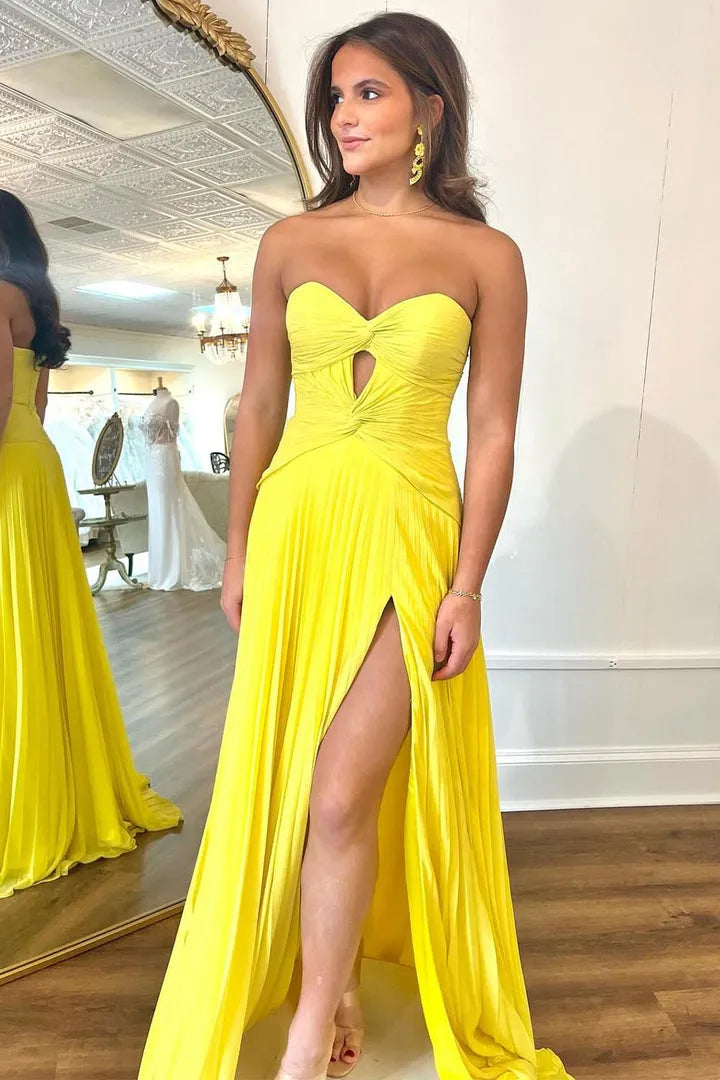 Glamorous A-Line Sweetheart Strapless Sleeveless Open-Back Floor-Length Side Leg Slit Prom dresses