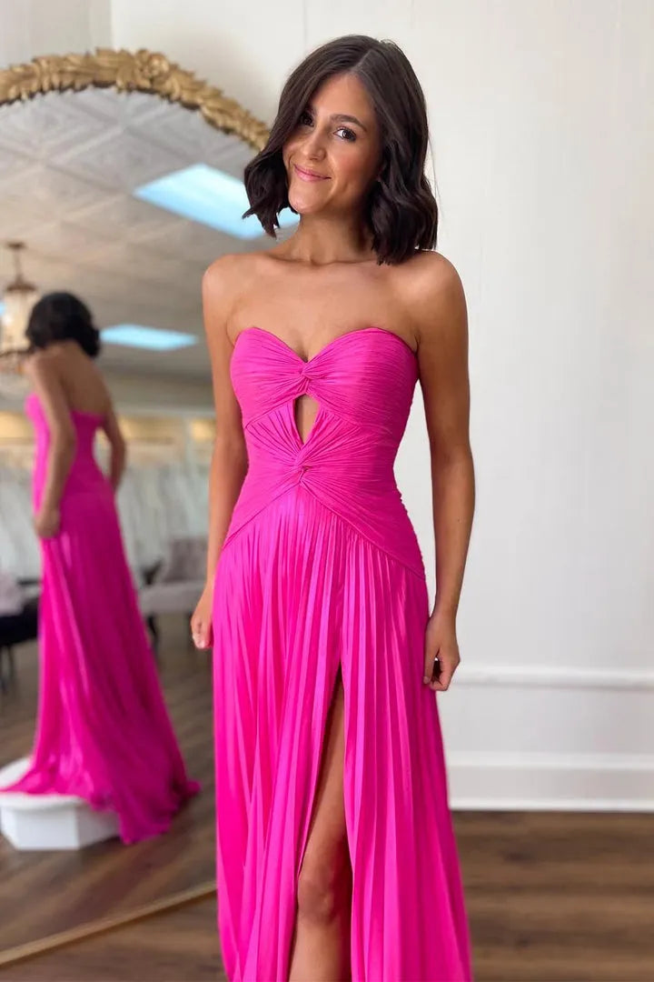 Glamorous A-Line Sweetheart Strapless Sleeveless Open-Back Floor-Length Side Leg Slit Prom dresses