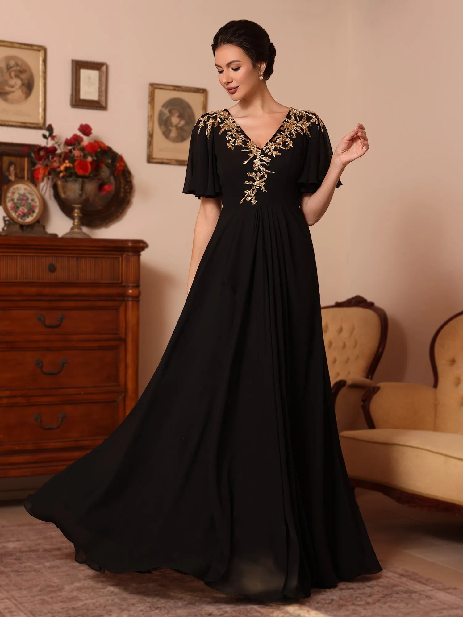 Glamorous A-Line V-Neck Flounce Sleeve Embellished Back Floor-Length Mother Of The Bride Dresses