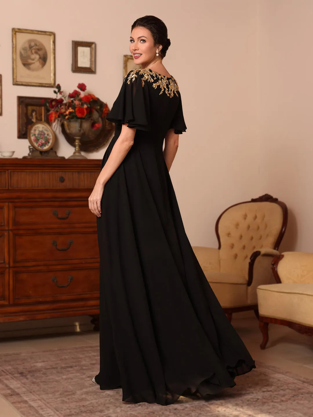 Glamorous A-Line V-Neck Flounce Sleeve Embellished Back Floor-Length Mother Of The Bride Dresses