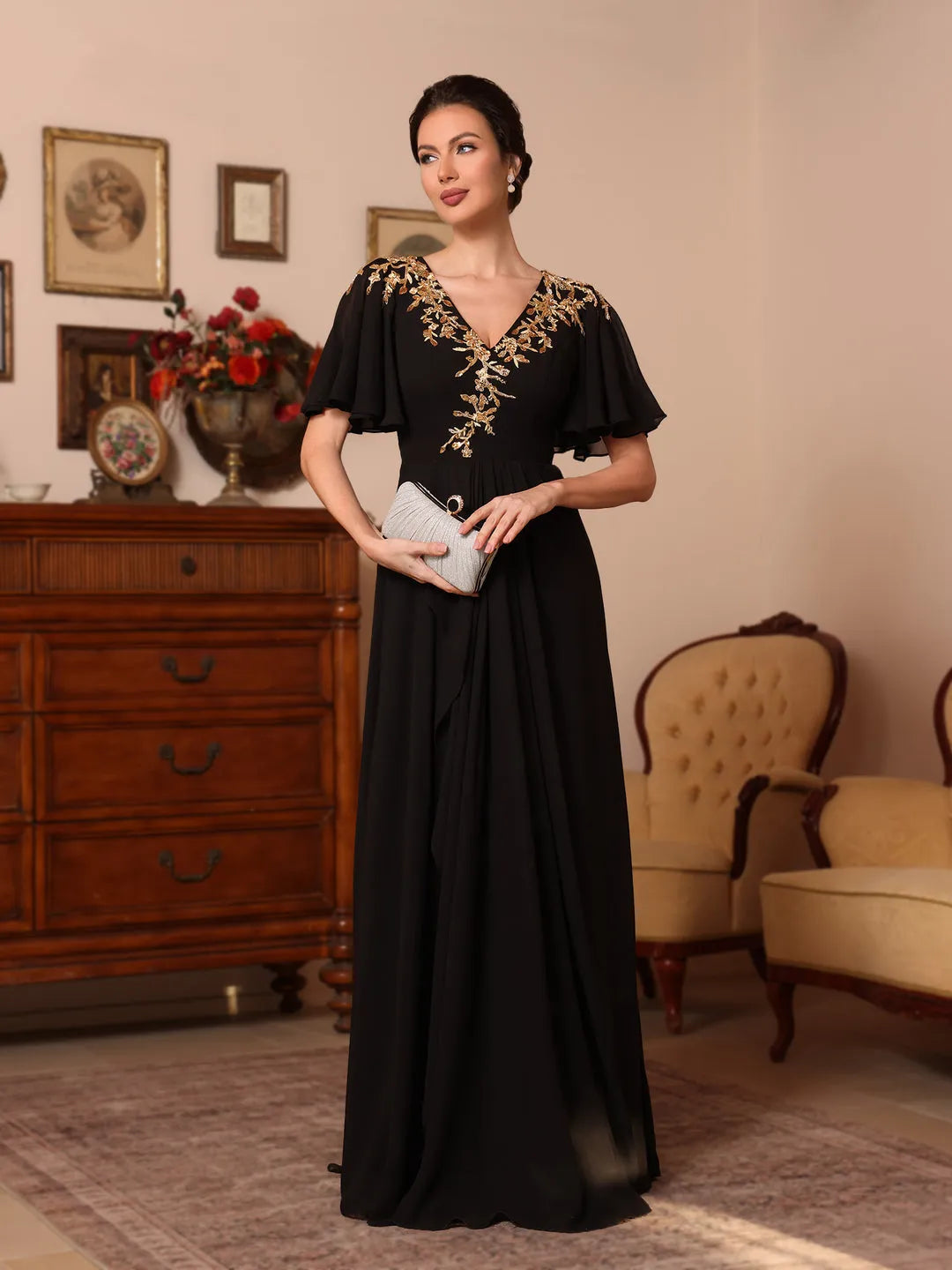 Glamorous A-Line V-Neck Flounce Sleeve Embellished Back Floor-Length Mother Of The Bride Dresses