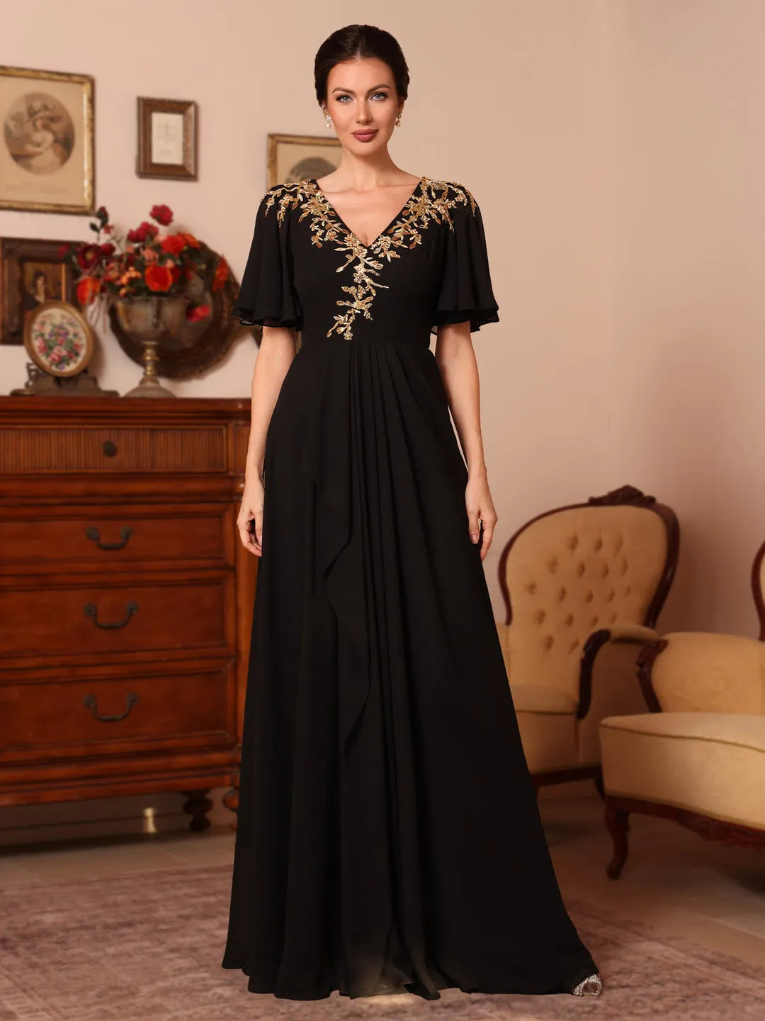Glamorous A-Line V-Neck Flounce Sleeve Embellished Back Floor-Length Mother Of The Bride Dresses
