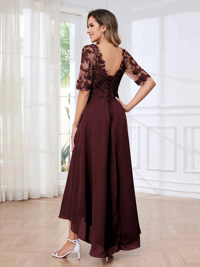 Glamorous A-Line V-Neck Lace-Sleeve Lace-Up Back Long Mother of the Bride Dresses