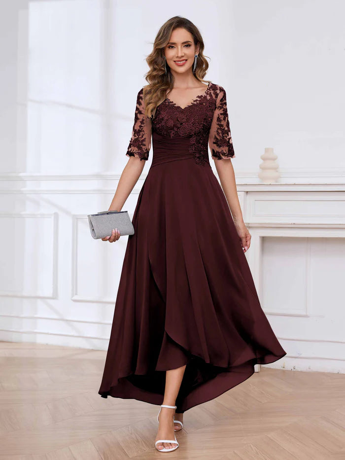 Glamorous A-Line V-Neck Lace-Sleeve Lace-Up Back Long Mother of the Bride Dresses