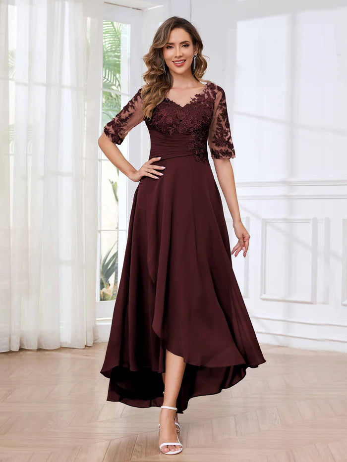 Glamorous A-Line V-Neck Lace-Sleeve Lace-Up Back Long Mother of the Bride Dresses