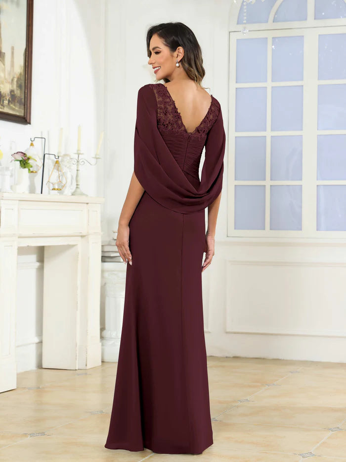 Glamorous A-Line V-Neck Lace-Sleeve Lace-Up Back Long Mother of the Bride Dresses