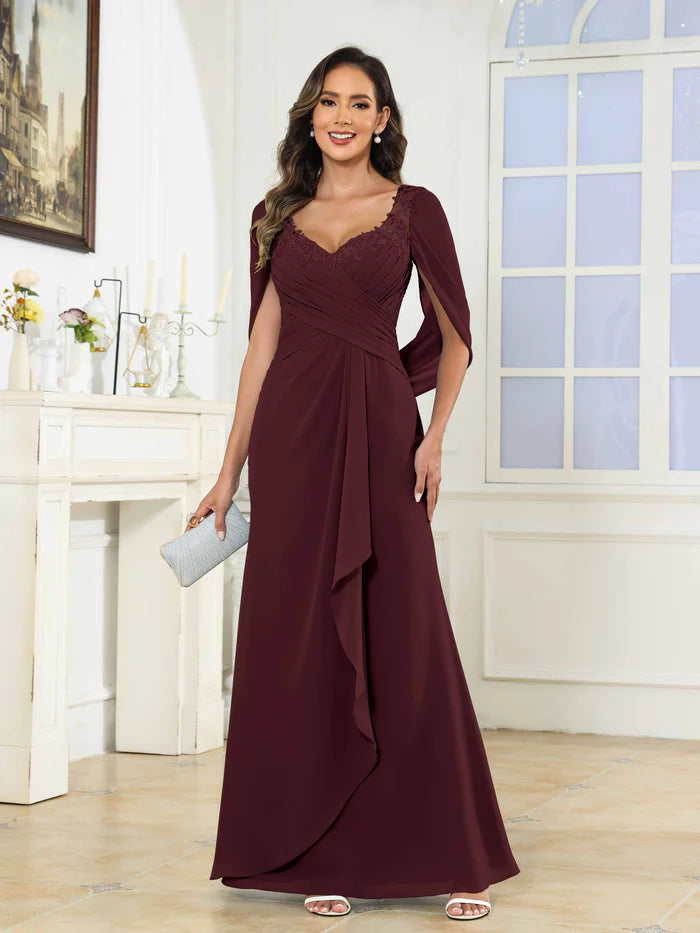 Glamorous A-Line V-Neck Lace-Sleeve Lace-Up Back Long Mother of the Bride Dresses