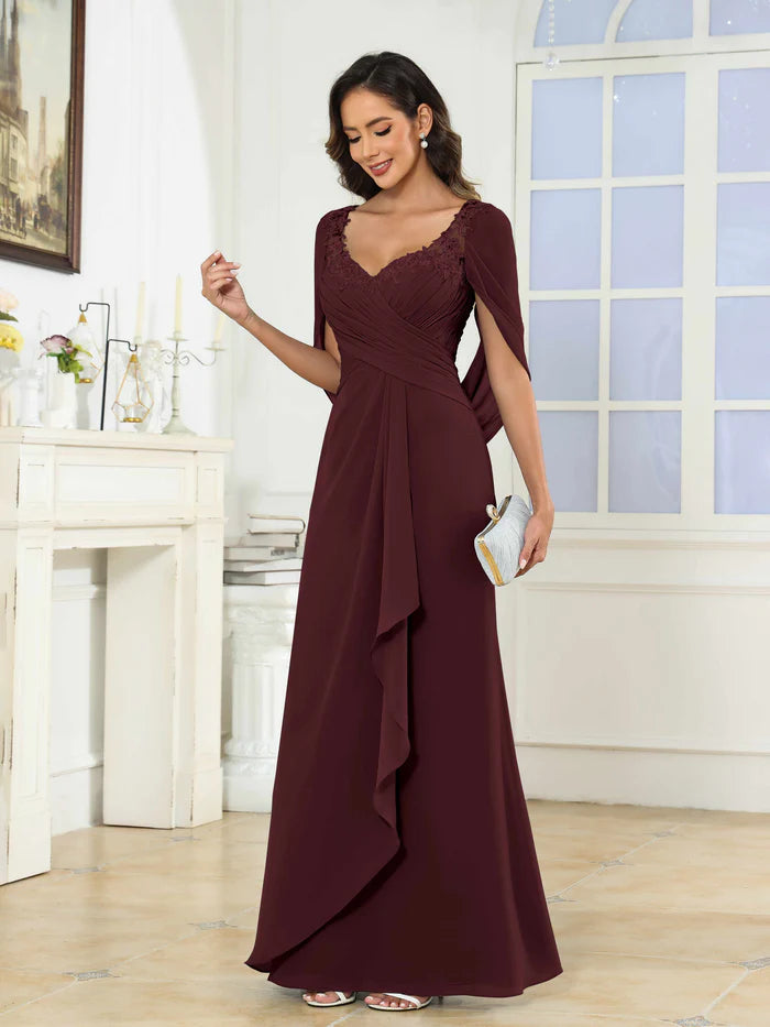 Glamorous A-Line V-Neck Lace-Sleeve Lace-Up Back Long Mother of the Bride Dresses