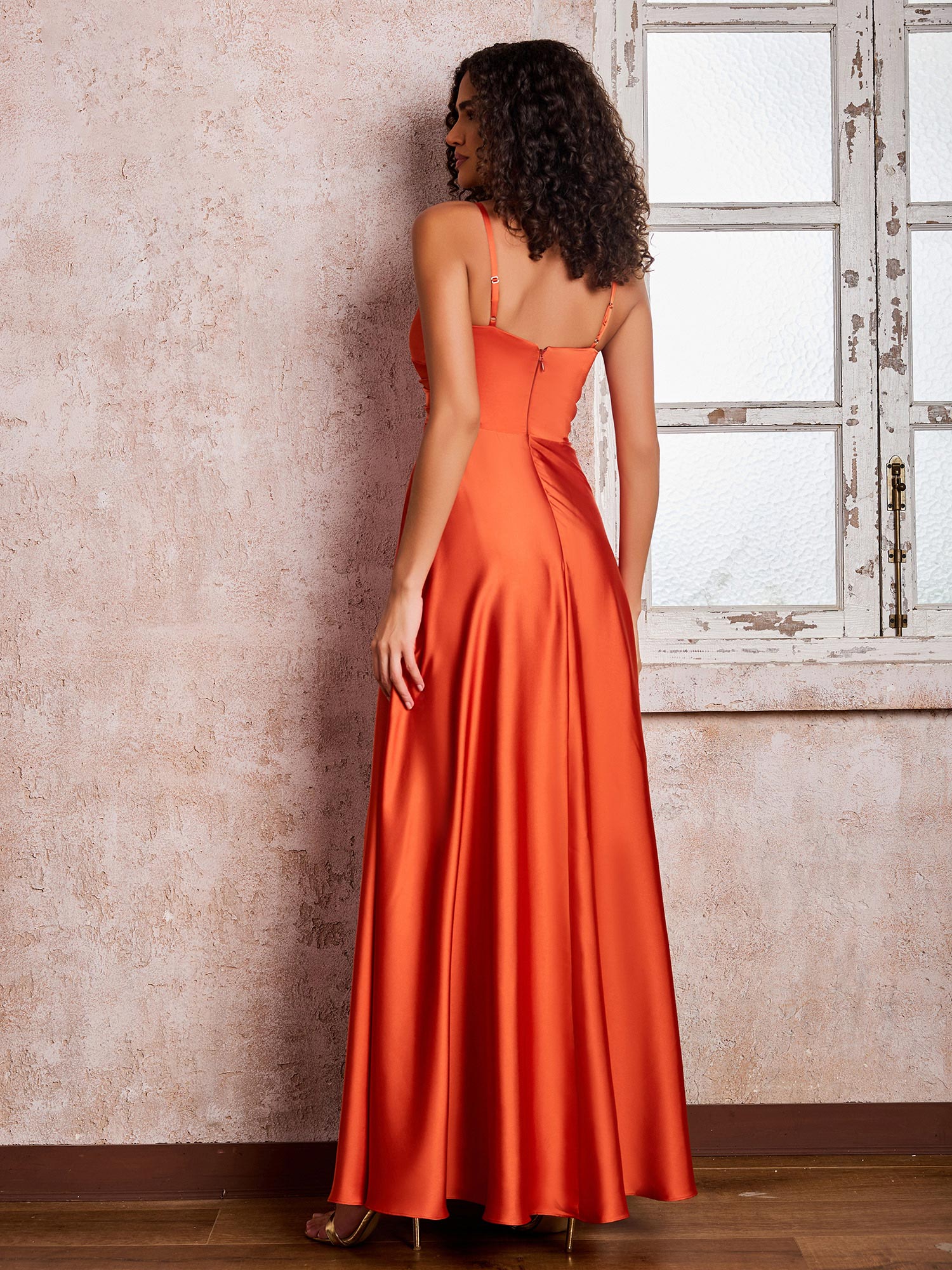 Glamorous A-Line V-Neck Spaghetti Strap Sleeveless Back Zip High-Slit Ankle-Length Bridesmaid Dresses