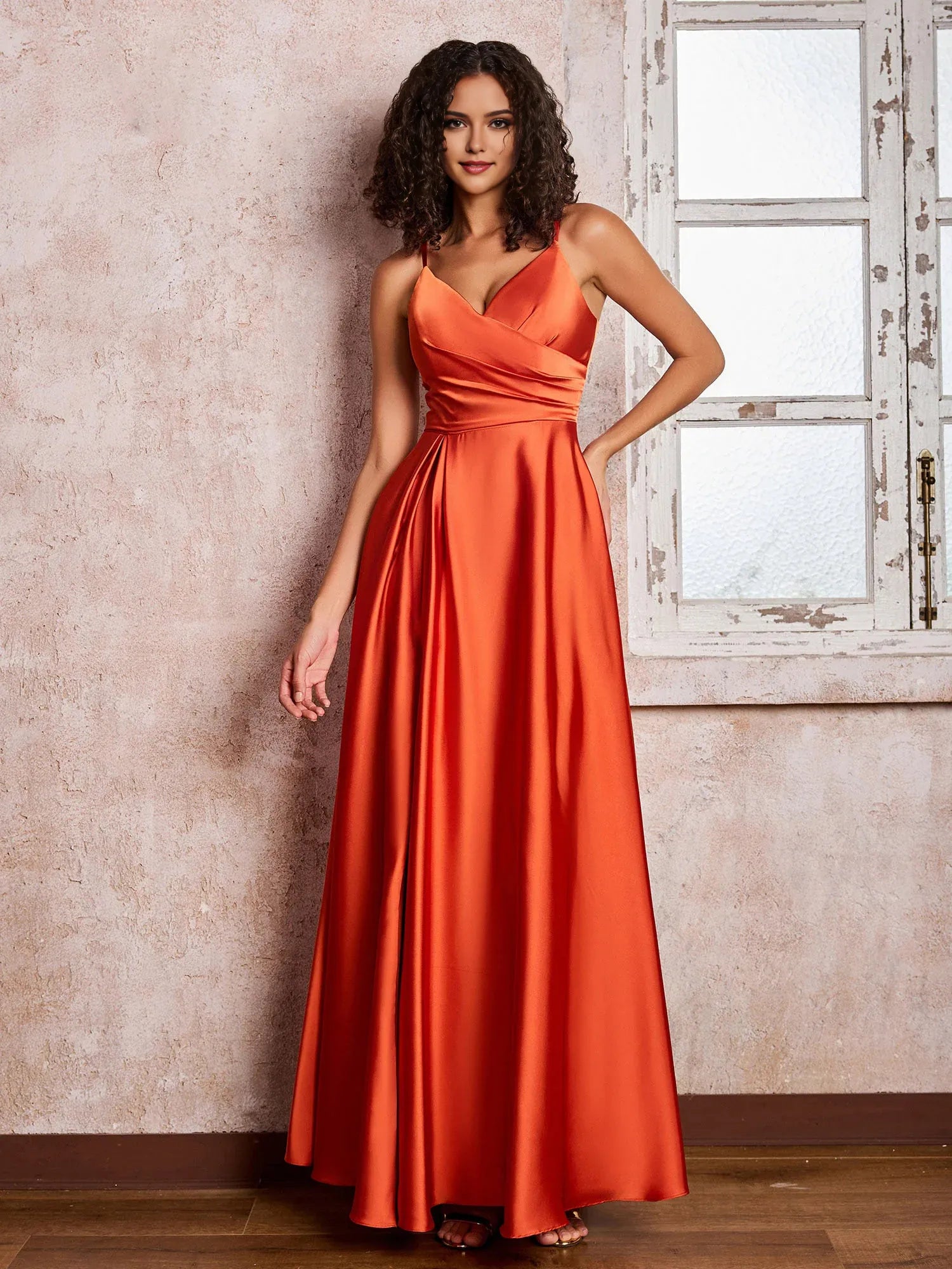 Glamorous A-Line V-Neck Spaghetti Strap Sleeveless Back Zip High-Slit Ankle-Length Bridesmaid Dresses