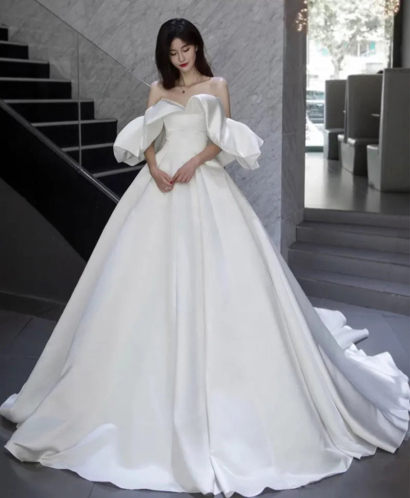 Glamorous A-Line satin Off-Shoulder Puff Sleeve Back Zip Floor-Length Wedding Dress ladies hot sale