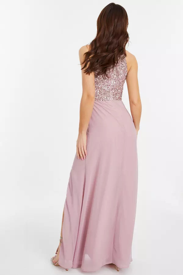 Glamorous A Line Halter Neck Sleeveless Sequin Back Floor Length Formal Prom Dresses