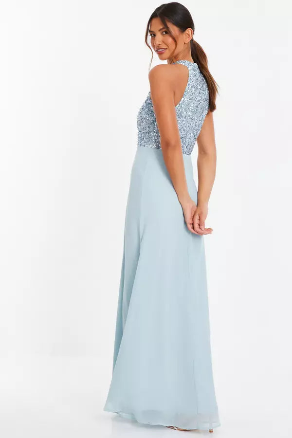 Glamorous A Line Halter Neck Sleeveless Sequin Back Floor Length Formal Prom Dresses