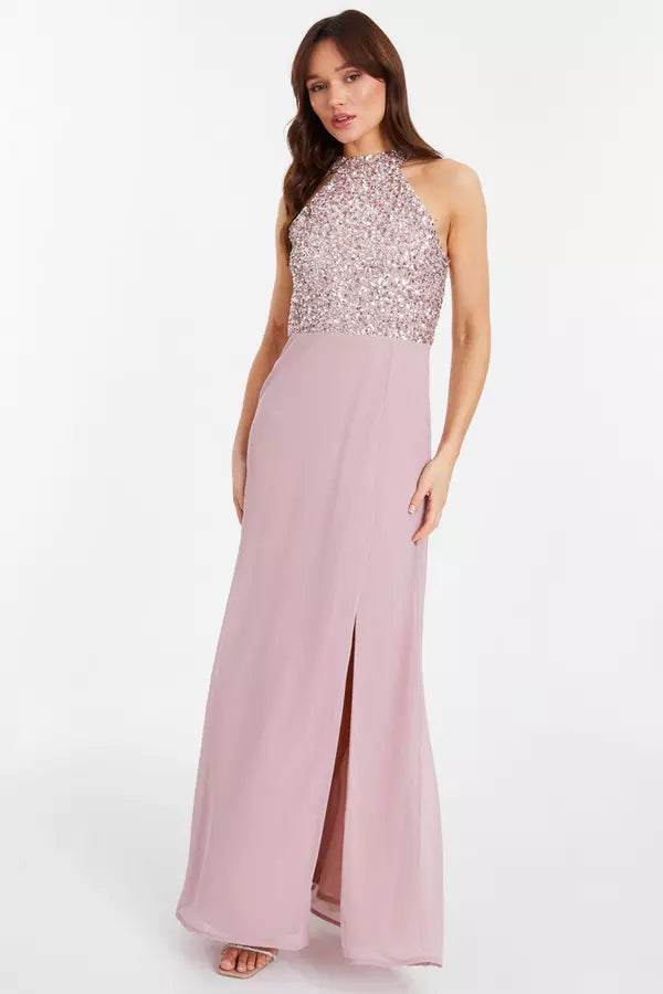 Glamorous A Line Halter Neck Sleeveless Sequin Back Floor Length Formal Prom Dresses