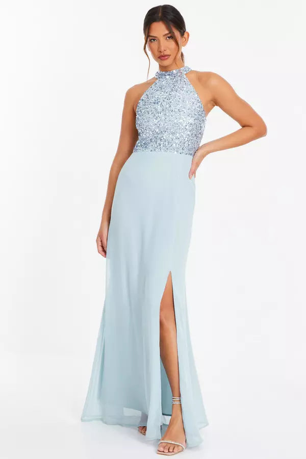 Glamorous A Line Halter Neck Sleeveless Sequin Back Floor Length Formal Prom Dresses