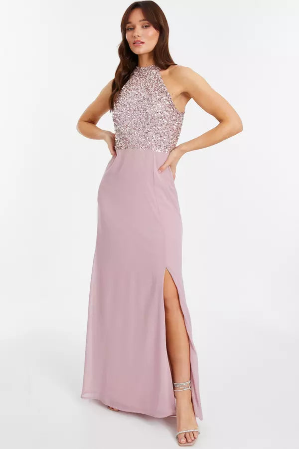 Glamorous A Line Halter Neck Sleeveless Sequin Back Floor Length Formal Prom Dresses