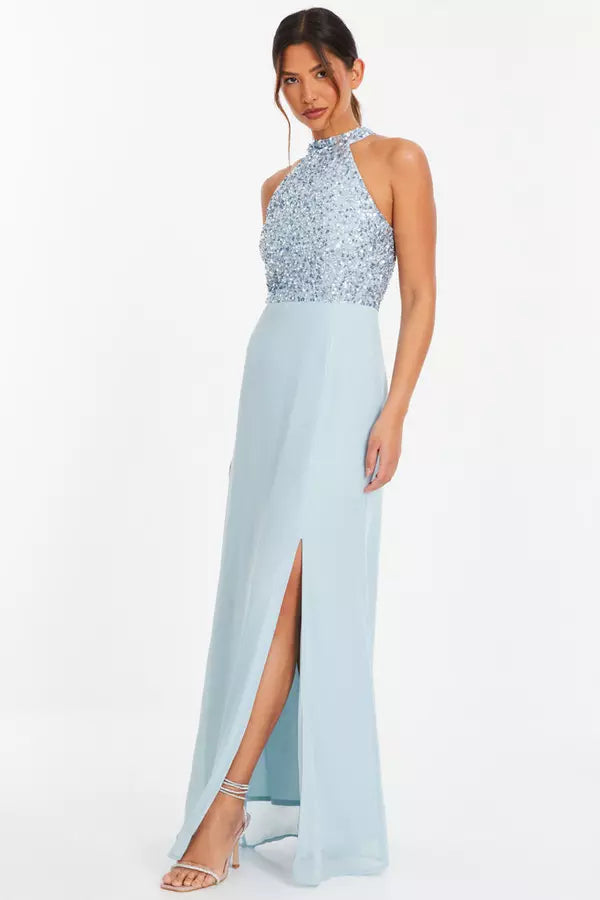 Glamorous A Line Halter Neck Sleeveless Sequin Back Floor Length Formal Prom Dresses