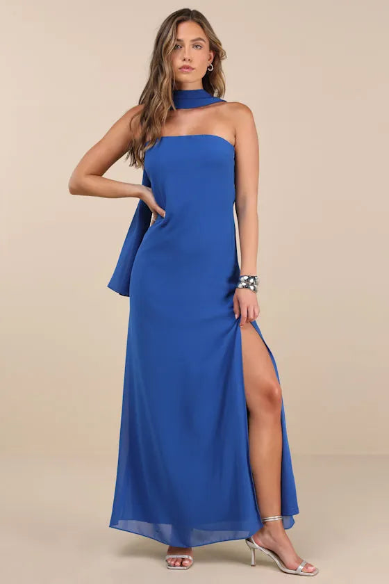 Glamorous A Line Strapless Scarf Back High Slit Floor Length Formal Prom Dresses