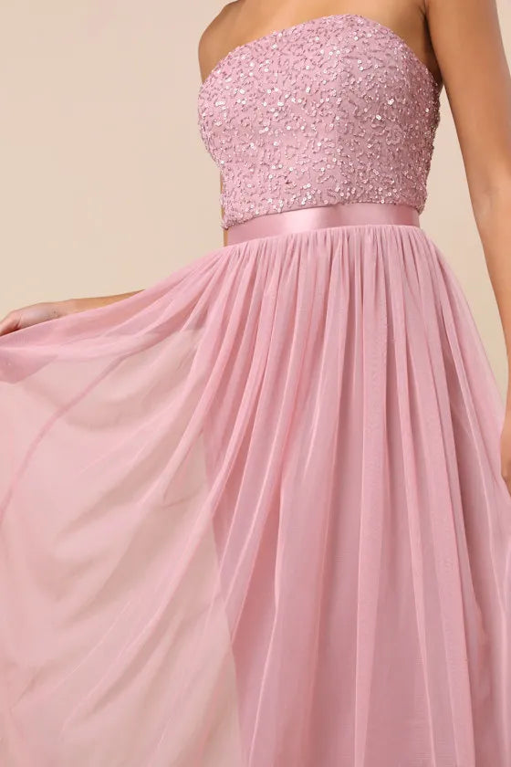 Glamorous A Line Strapless Sequin Bodice Tulle Skirt Floor Length Formal Prom Dresses