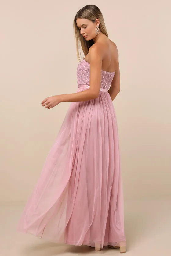 Glamorous A Line Strapless Sequin Bodice Tulle Skirt Floor Length Formal Prom Dresses