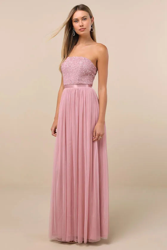 Glamorous A Line Strapless Sequin Bodice Tulle Skirt Floor Length Formal Prom Dresses