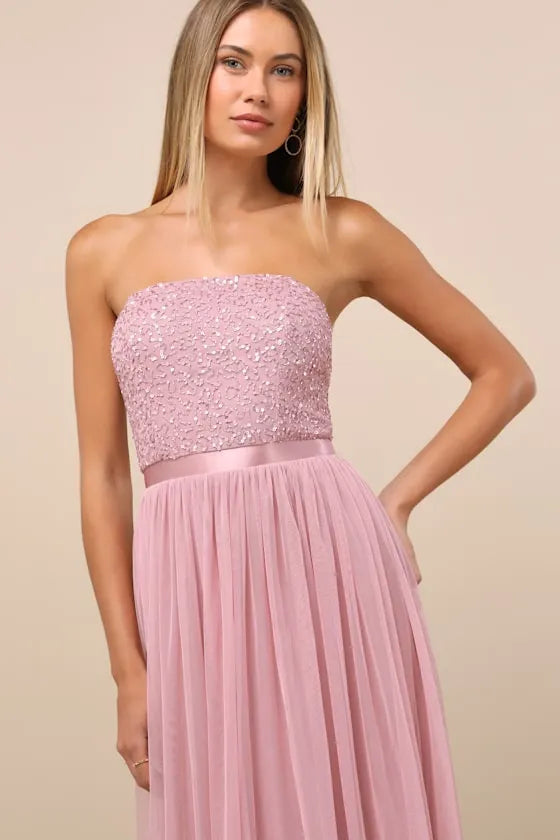 Glamorous A Line Strapless Sequin Bodice Tulle Skirt Floor Length Formal Prom Dresses
