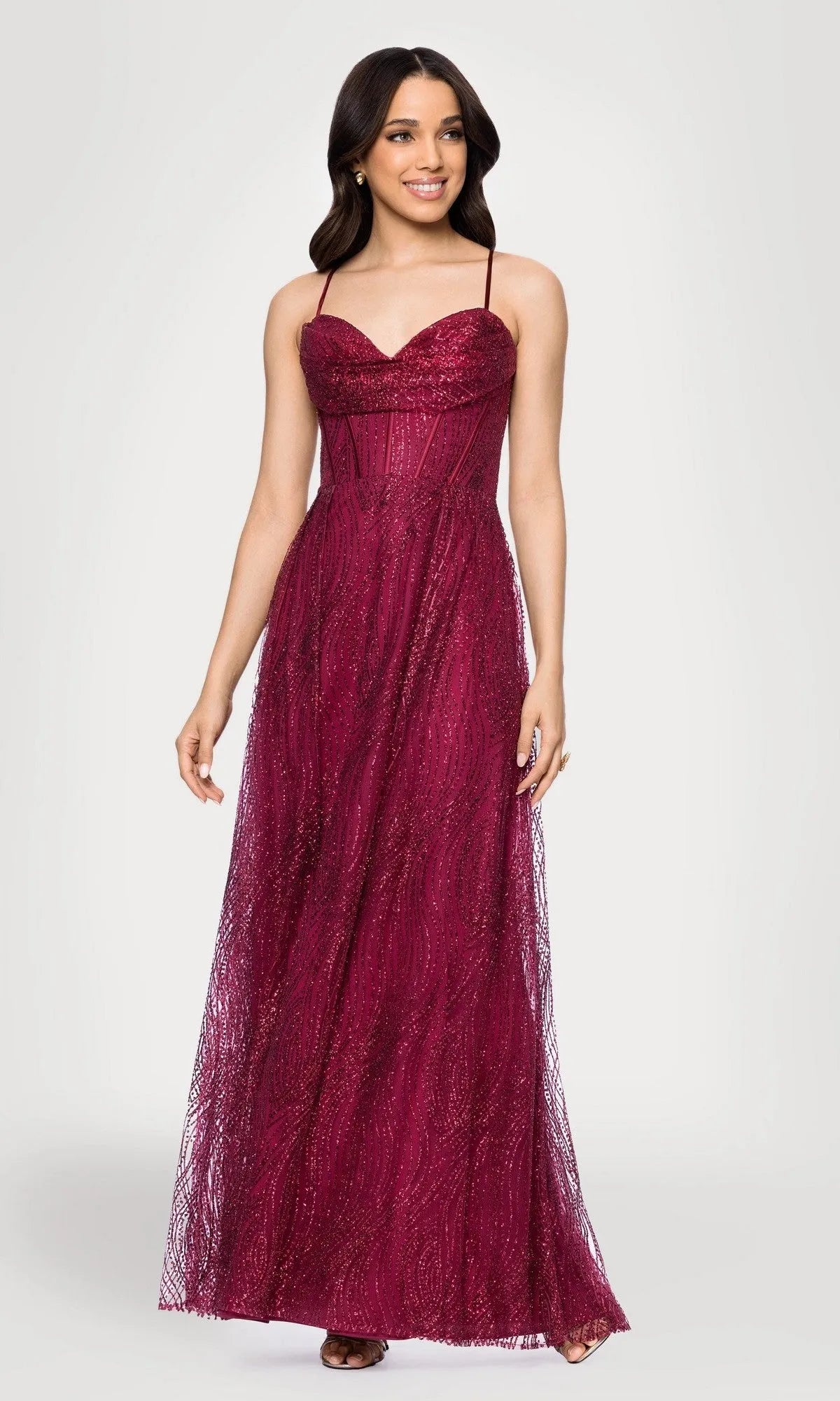 Glamorous A Line Sweetheart Neck Spaghetti Strap Sequin Mesh Floor Length Prom Dresses