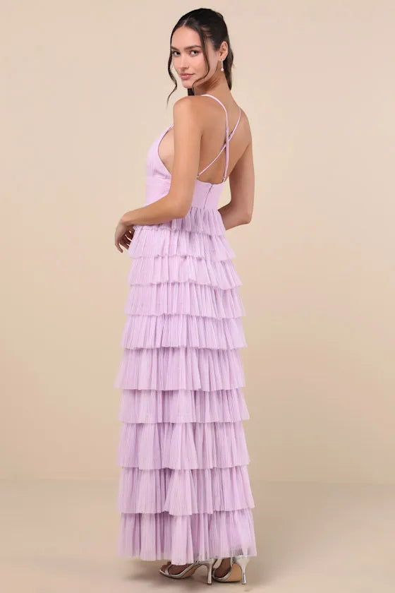 Glamorous A Line V Neck Spaghetti Strap Cross Back Tiered Floor Length Formal Prom Dresses