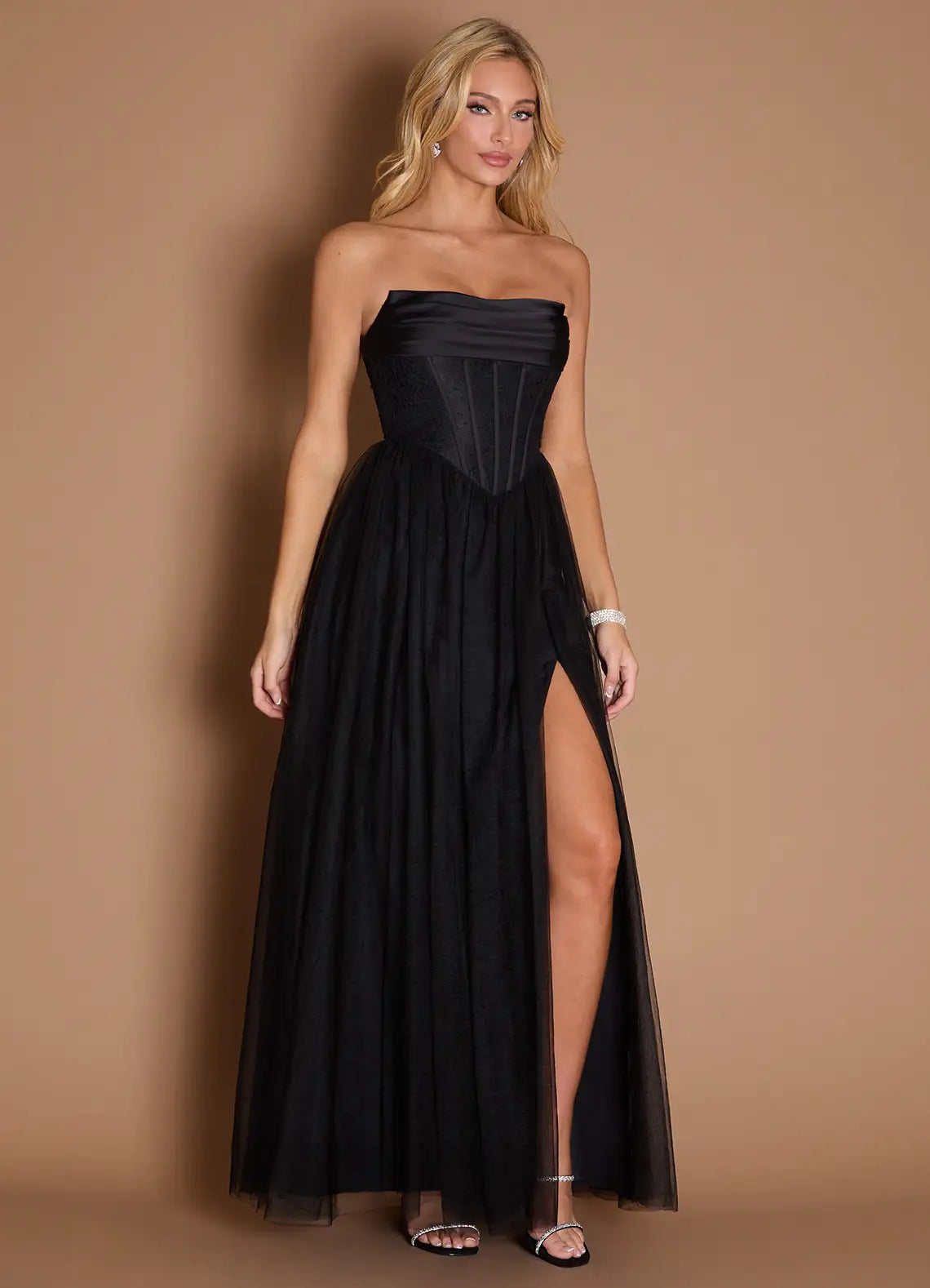 Glamorous Ball Gown Strapless Sleeveless Button Back Floor-Length Prom Dresses