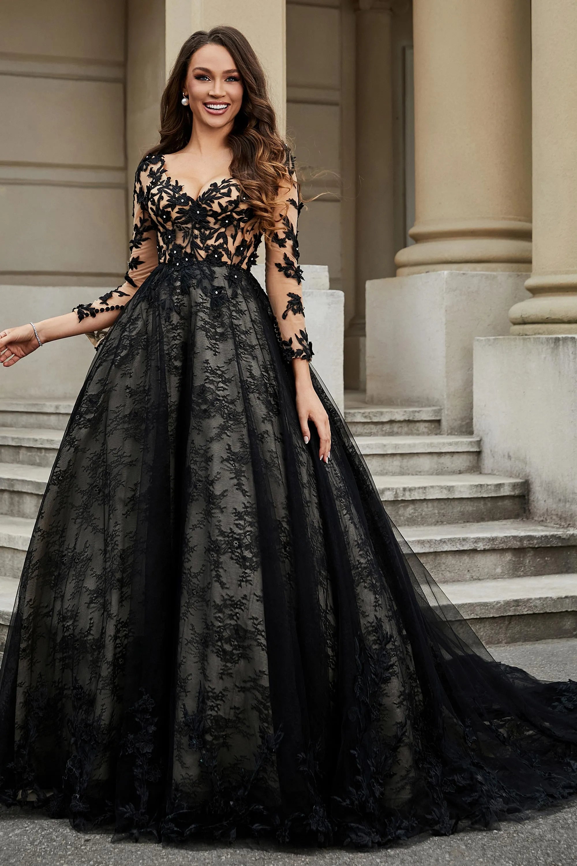 Glamorous Ballgown Deep V Neck Long Sleeve Lace Back Long Wedding Dresses