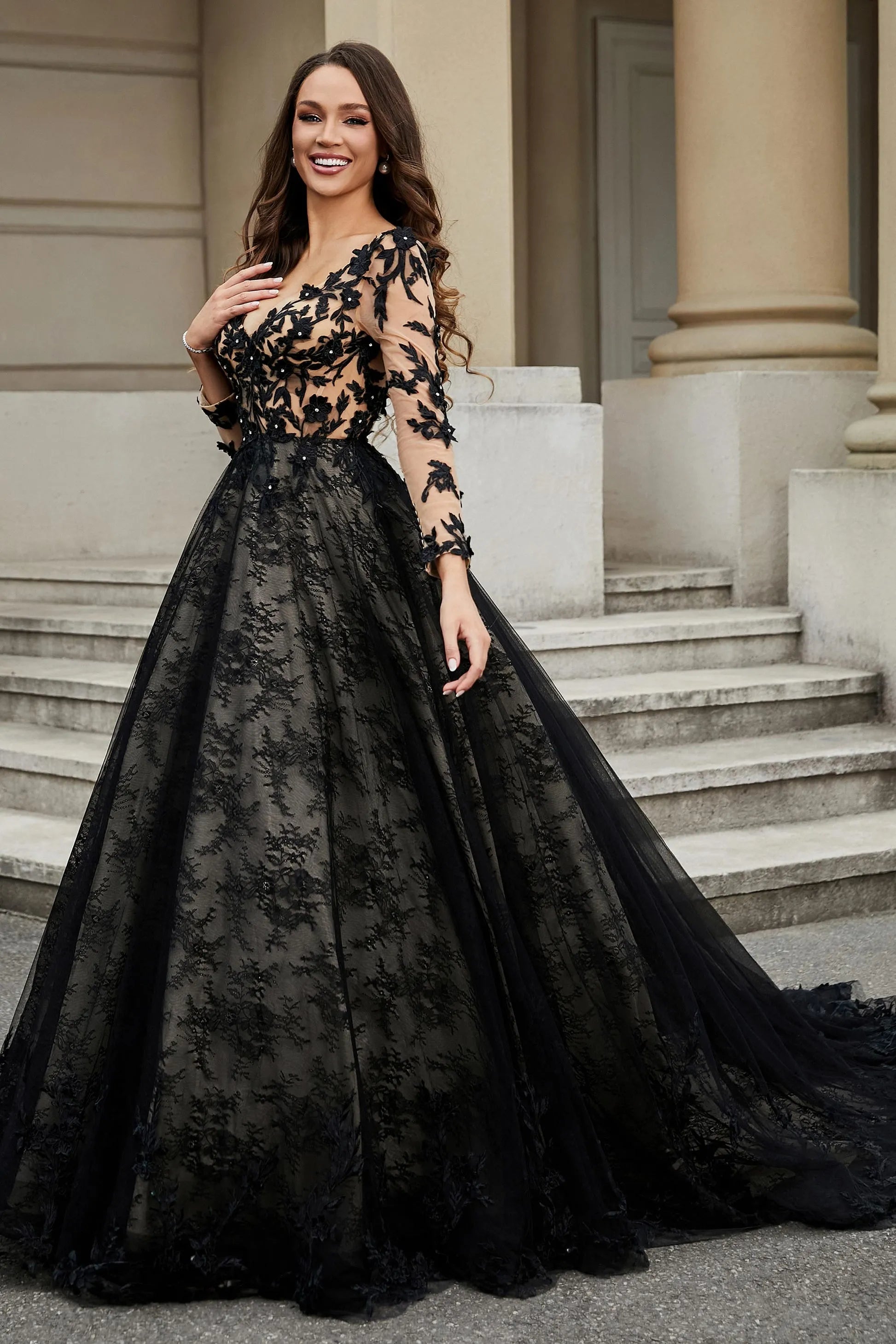 Glamorous Ballgown Deep V Neck Long Sleeve Lace Back Long Wedding Dresses