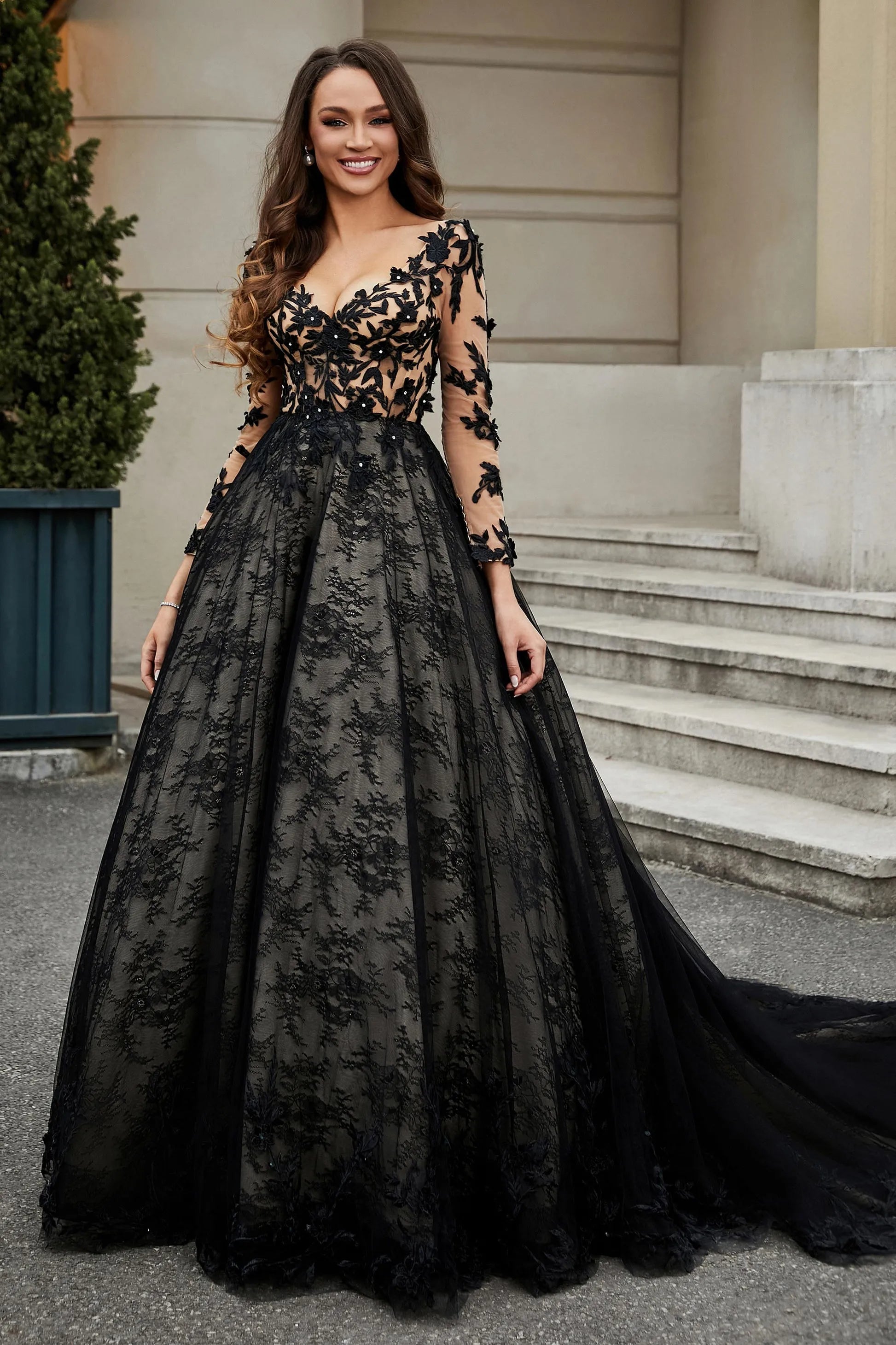 Glamorous Ballgown Deep V Neck Long Sleeve Lace Back Long Wedding Dresses