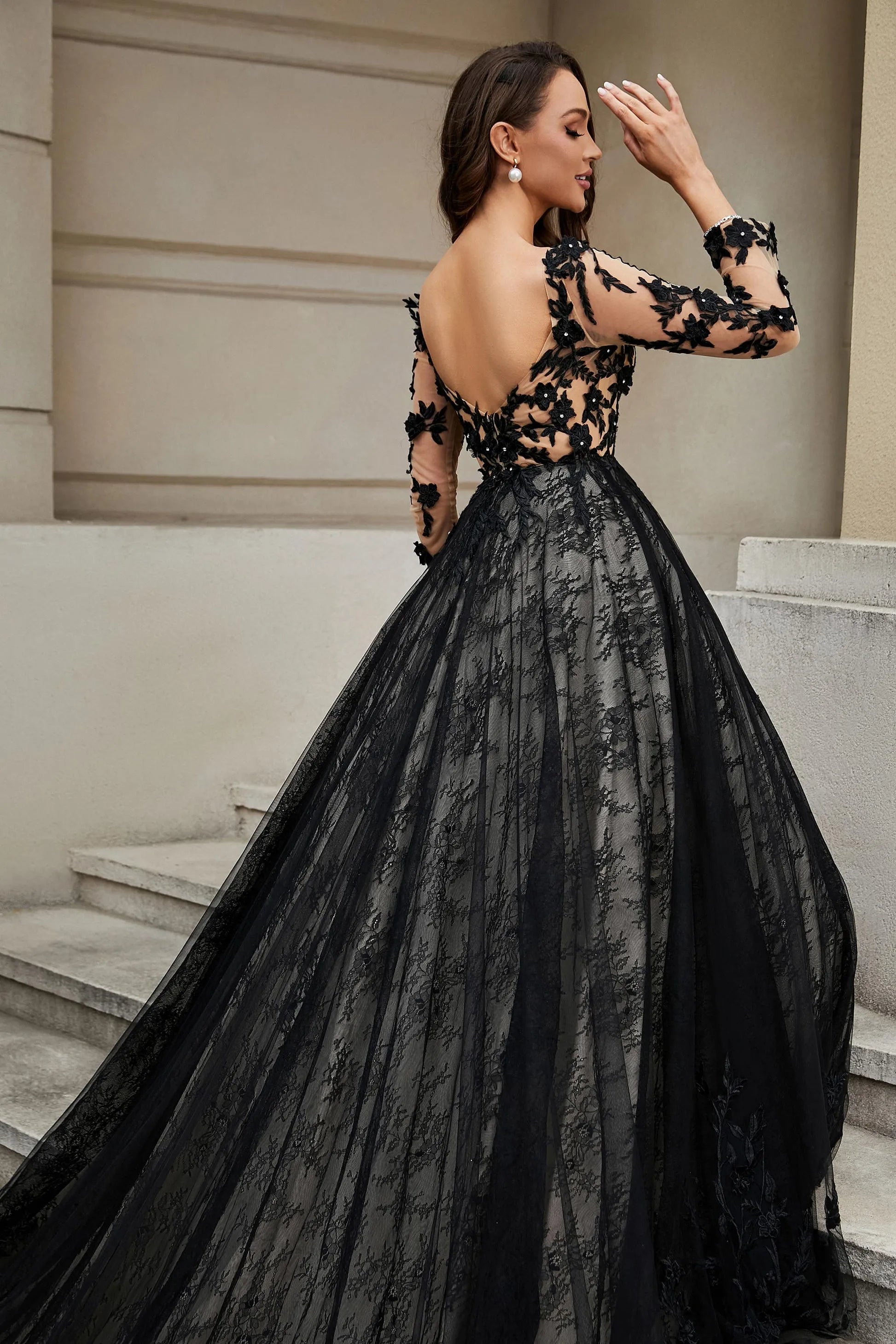 Glamorous Ballgown Deep V Neck Long Sleeve Lace Back Long Wedding Dresses