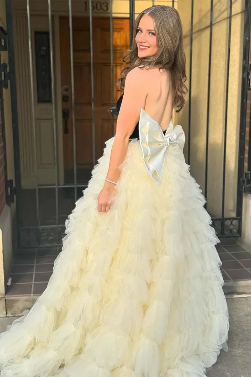 Glamorous Beige A-Line Plunging V-Neck Sleeveless Tiered Ruffled Tulle Bow-Back Floor-Length Prom Dresses