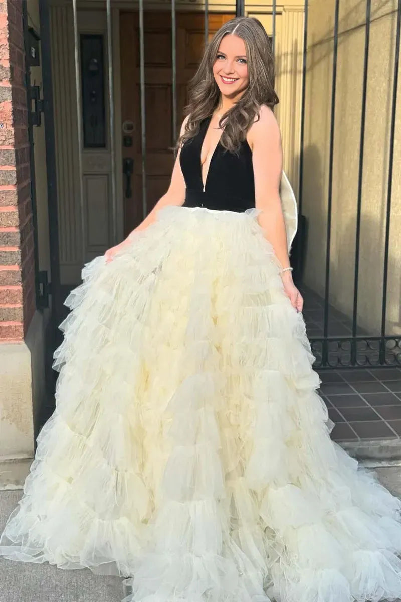 Glamorous Beige A-Line Plunging V-Neck Sleeveless Tiered Ruffled Tulle Bow-Back Floor-Length Prom Dresses