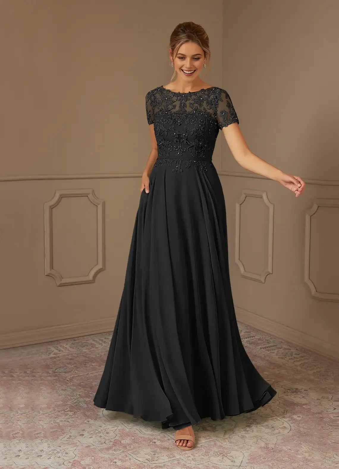 Glamorous Black A-Line Boat-Neck Short-Sleeve Lace Sequins Beaded Back Zip Floor-Length Mother of the Bride Dress