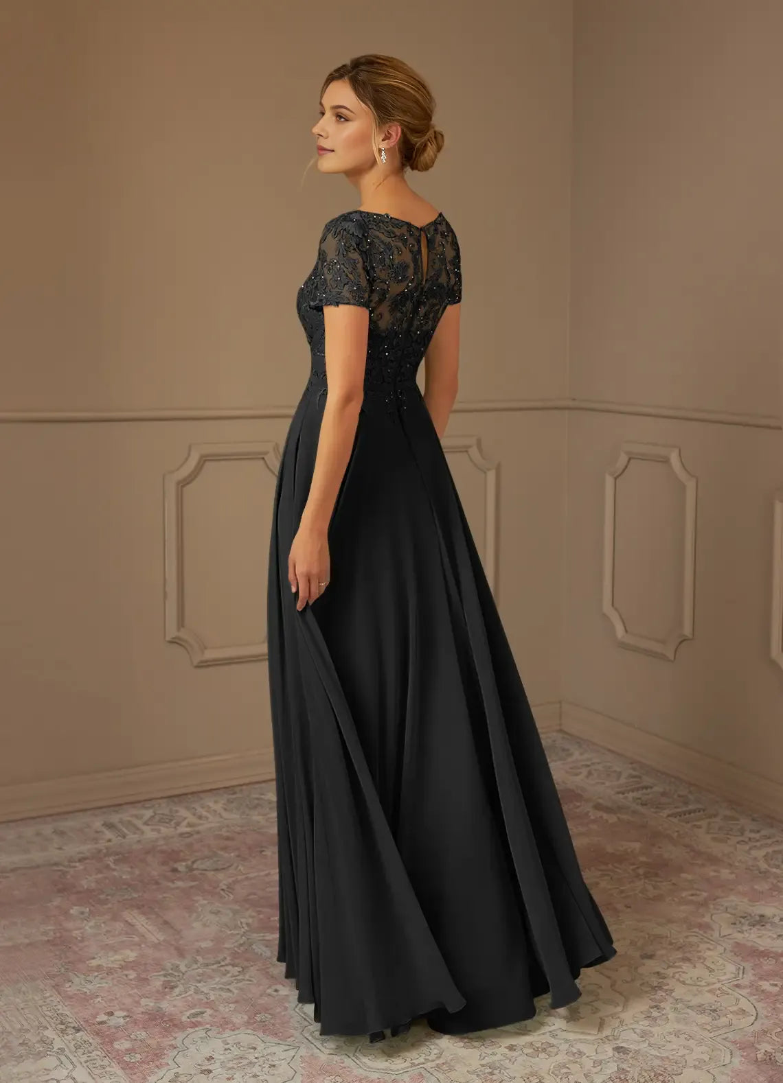Glamorous Black A-Line Boat-Neck Short-Sleeve Lace Sequins Beaded Back Zip Floor-Length Mother of the Bride Dress