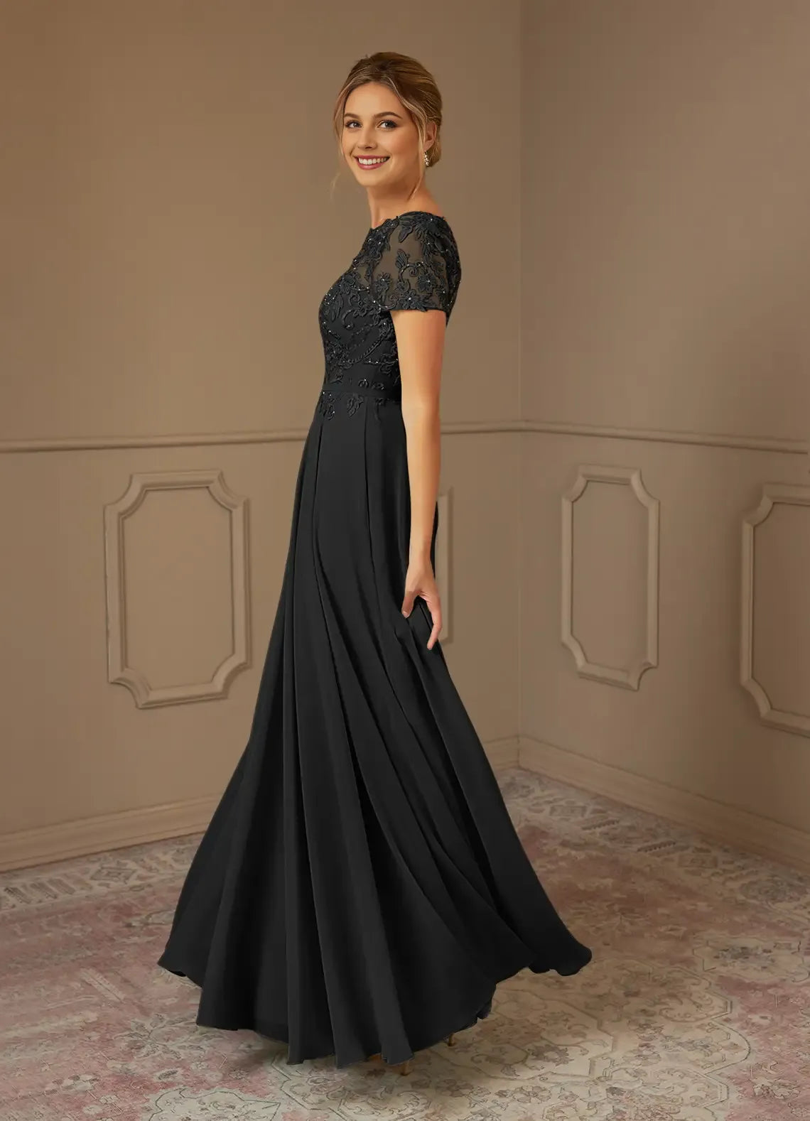 Glamorous Black A-Line Boat-Neck Short-Sleeve Lace Sequins Beaded Back Zip Floor-Length Mother of the Bride Dress