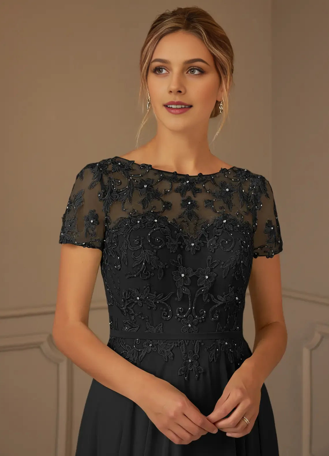 Glamorous Black A-Line Boat-Neck Short-Sleeve Lace Sequins Beaded Back Zip Floor-Length Mother of the Bride Dress