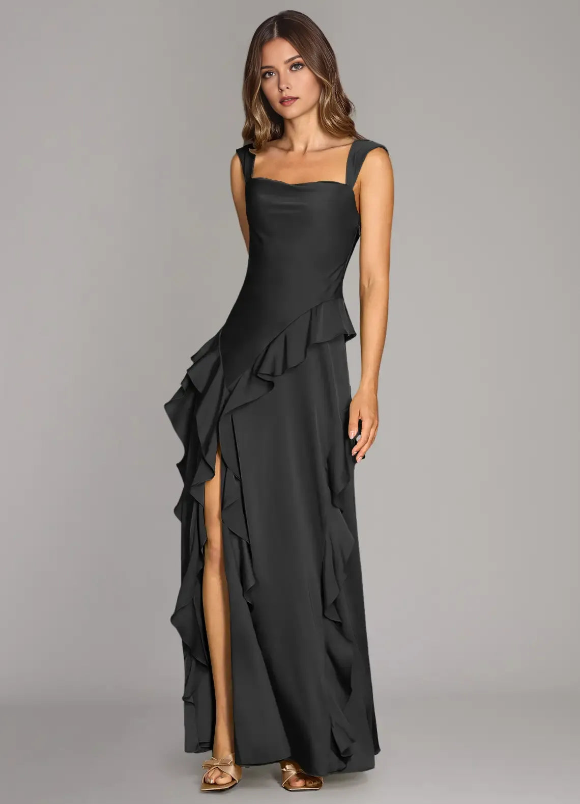 Glamorous Black A-Line Halter Neck Sleeveless Ruffles Side Zip Leg Slit Floor-Length Bridesmaid Dresses