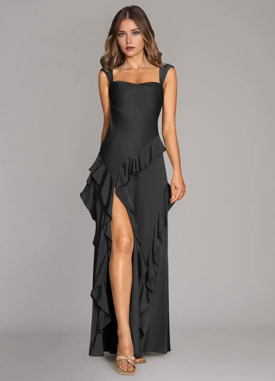 Glamorous Black A-Line Halter Neck Sleeveless Ruffles Side Zip Leg Slit Floor-Length Bridesmaid Dresses