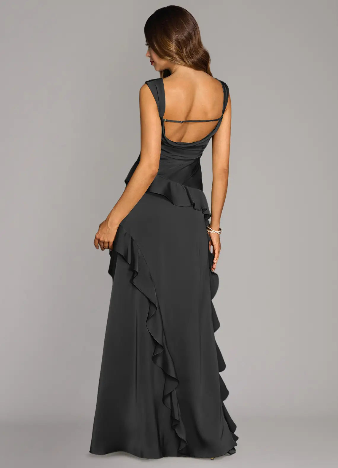 Glamorous Black A-Line Halter Neck Sleeveless Ruffles Side Zip Leg Slit Floor-Length Bridesmaid Dresses
